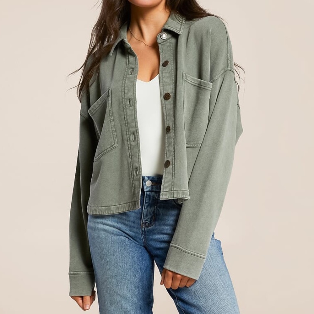 Z Supply All Day Knit Jacket, Olive Green Cropped Utility Jacket